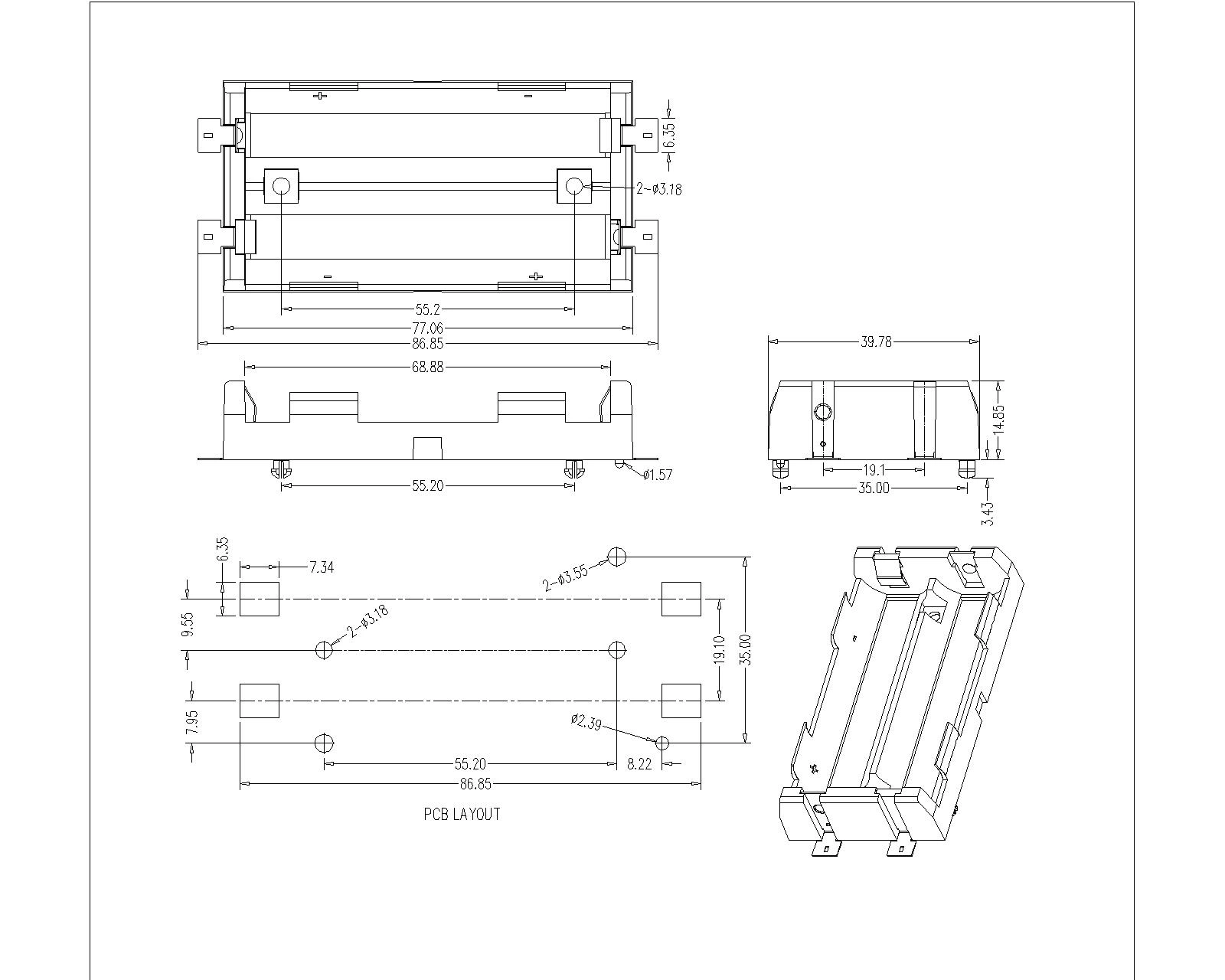 Dual Battery Holder For 18650 SMT